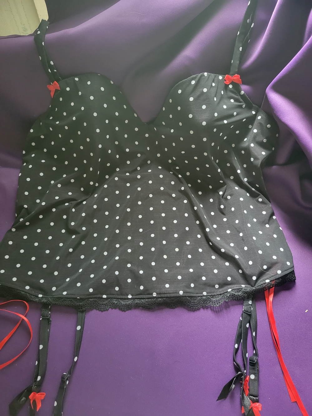 Victoria's Secret Black Polka Dot Bustier with White Dots and Red Bow Details